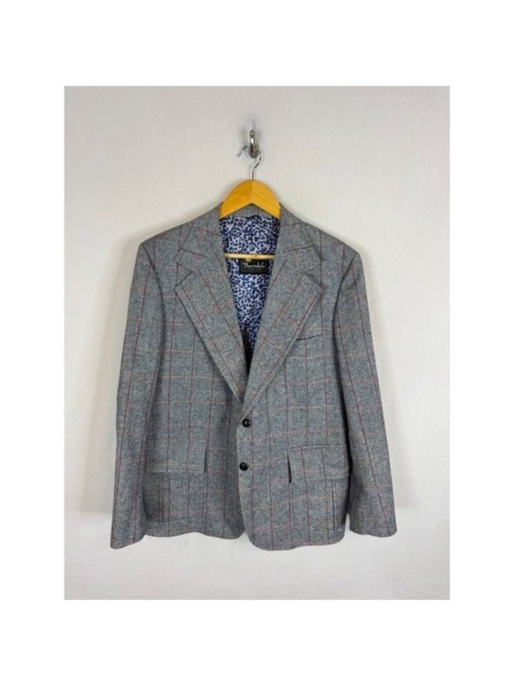 Vintage Harrodale 70s Grey Windowpane Wool Blend Blazer Sport Coat Mens 40